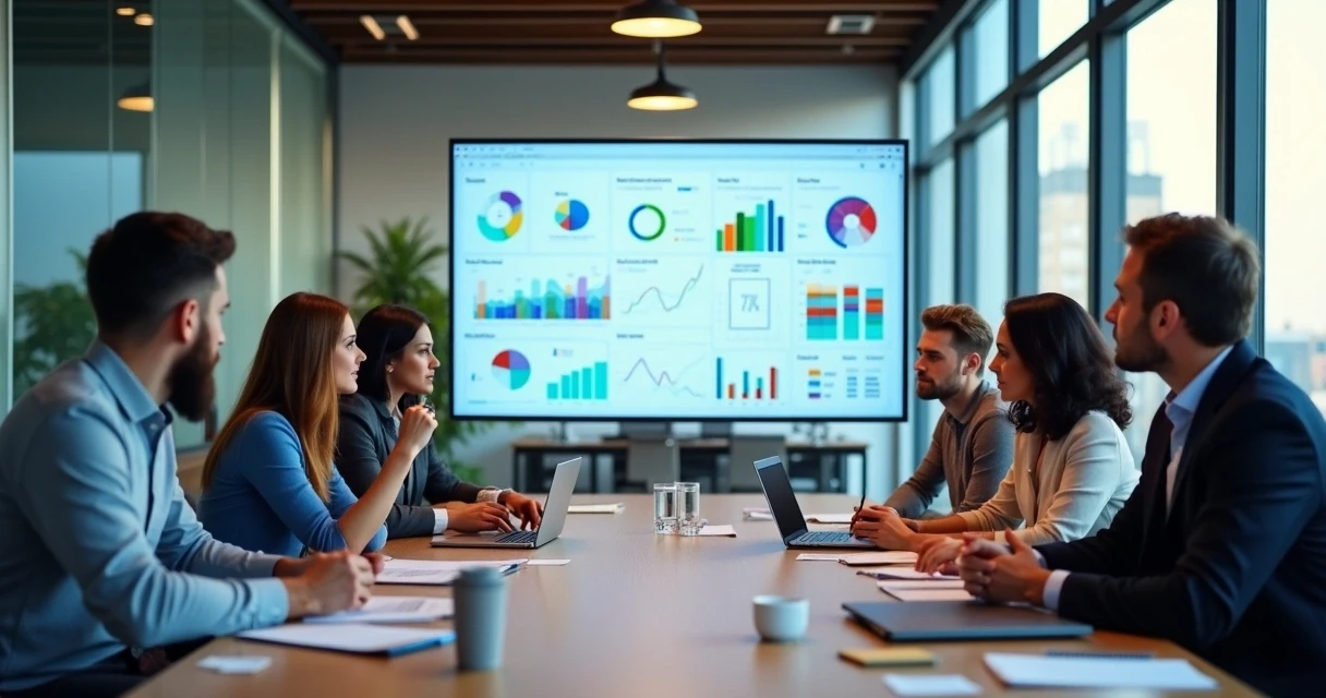 Reunião do time de vendas analisando CRM na tela